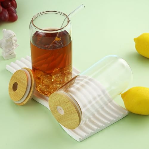 HAOYULUO 6er Set Glas mit Deckel und Strohhalm, 500 ml Trinkgläser mit deckel, Dosenförmige Glasbecher, Geeignet für Eiskaffeetassen… – Ansicht 4