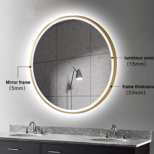 Zyledw Led Round Mirror Bathroom Vanity Mirror With 3 Color Lights, Metal Frame Wall Mounted Dimmable Makeup Mirror With Touch Button Switch, Ip54 (Color : Gold, Size : 90Cm/36In) #TOP1