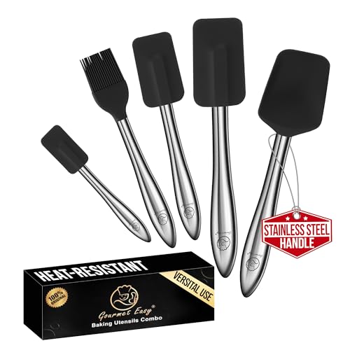 5pcs Silicone Spatula Cooking Utensils Set with Stainless Steel Handles, Premium Heat-Resistant Kitchen Utensils for Baking, Spoonula & Silicone Brush Included, Safe for Nonstick Cookware (Black)