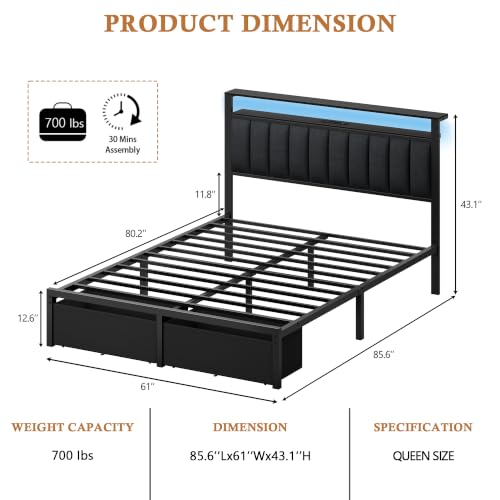 Image of Furnulem Queen Bed Frame with Storage Drawers and Upholstered Headboard