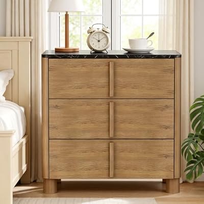 Hotmeily 31.5" Wide 3-Drawer Nightstand, Faux Marble & Wood Nights tand with Drawers, Large Bedside Table for Bedroom, Curved Design with Rounded Handles, Walnut