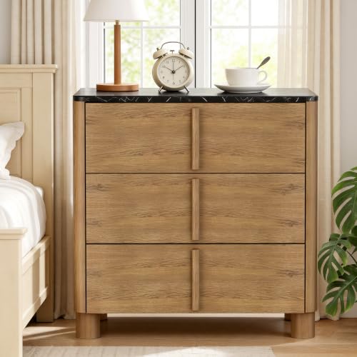 Image of 31.5 inch Wide 3 Drawer Dressers Set of 2, Faux Marble & Wood Storage Cabinet, Modern Curved Accent Chest with Rounded Wood Handles for Bedroom, Living Room & Entryway, Walnut