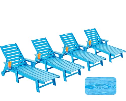 Image of Patio Chaise Lounge Chair Set of 4, Oversize Lounge Chairs with Wood Texture& Rolling Wheels, HDPE 6-Position Plastic Lounge Chairs for Poolside, Patio, Deck, Beach,Pacific Blue