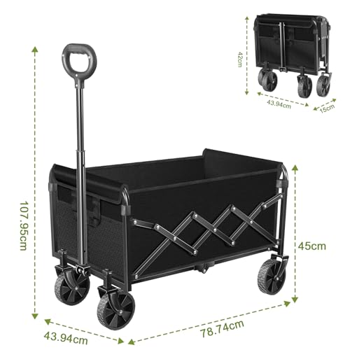 SURFOU Bollerwagen faltbar 100kg belastbar & 120L Volumen | Mit 360° All-Terrain Reifen | Robustes Stahlchassis & Wetterfeste Plane | Ideal für Camping, Strand und Festival (Schwarz)