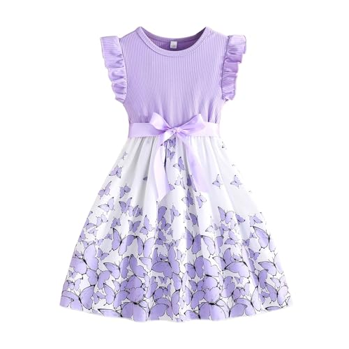 Vestido de niña con flores bowknot vestido infantil con volantes manga A línea vestido de niña verano Pascua vestido niña cuello redondo, morado, 5-6 años