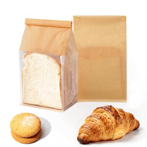 Roppolo 50 bolsas de pan de 5.1 pulgadas con lazo de estaño, pequeñas bolsas de pan hechas de papel de algodón marrón, bolsa de embalaje de almacenamiento con ventana transparente para panadería,