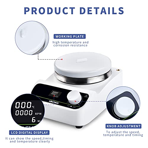 LACHOI Magnetic Stirrer Hot Plate Digital Magnetic Stir Plate 280℃ 200-1500RPM 1-999min Timer 5000ml Stirring Capacity Magnetic Hotplate Stirrer Mixer,Temp Probe Sensor&Stir Bar(Heating/LCD Display)