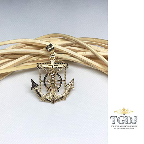 Tgdj Solid 14K Yellow Gold Jesus Cross Crucifix Pendant - Charm Mariner Anchor Finish - Handmade Spiritual Symbol - Gold Stamped Fine Jewelry - Great Gift For Men & Women For Occasions 1.7 " #TOP2