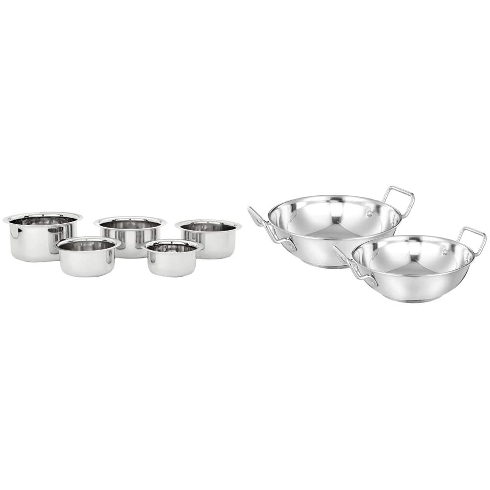 Amazon Brand - Solimo Stainless Steel Tope Set (5 Pieces, 425ml, 550ml, 850ml, 1250ml and 1500ml, in & Stainless Steel Induction Bottom Kadhai Set (2 Pieces, 2000ml and 3750 ml, Siz Combo