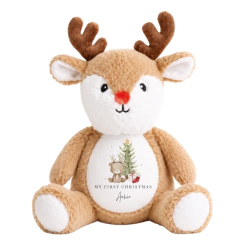 Image of allaboutthebump Personalised My First Christmas Soft Toy with Name – Christmas Teddy & Tree Design – Bunny, Reindeer or Elf Plush Toy – Baby’s First Keepsake Gift for Boy or Girl (Reindeer: Brown)