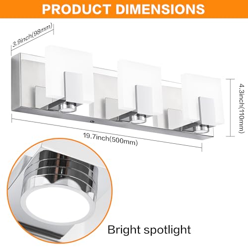 Image of SOLFART Bathroom Vanity Lights Over Mirror 3 Lights Modern Chrome Bath Light Fixtures Stainless Steel Acrylic Shade