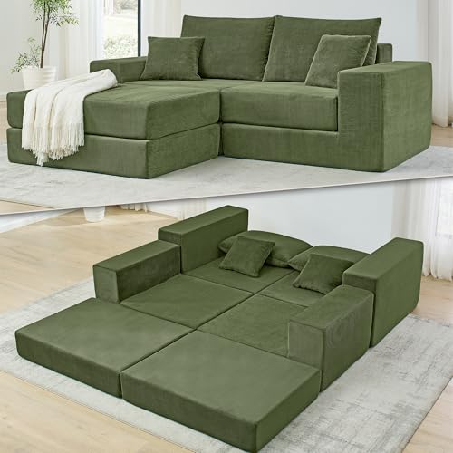 Image of L Shaped Boneless Couch Modular Sectional Sofa, Modern Cozy Corduroy Cloud Couch Loveseat with Ottoman, Memory Foam Convertible Sectional Sleeper Sofas for Living Room, Green
