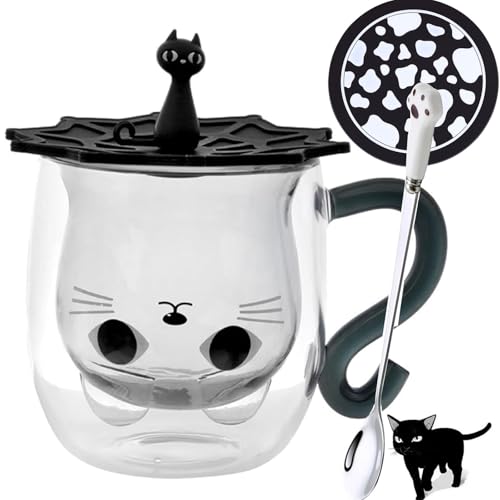 Arawat Verres à double paroi Tasse à chat Verre noir Chat avec anse Tasse à café avec cuillère Sous-verre Tasse à café Verres Tasse à thé Tasses à espresso