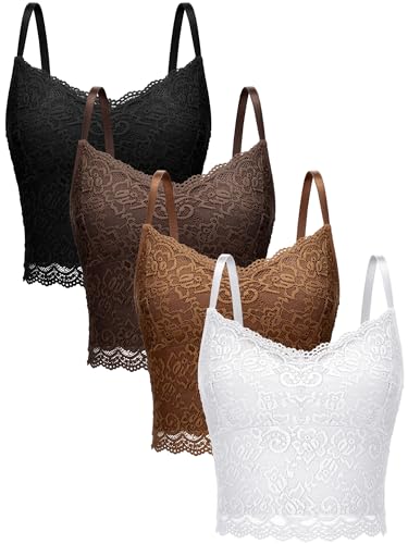 Bencailor 4 Pcs Lace Camisole for Women Spaghetti Strap Lace Bralettes Crop Tops Cami Top V Neck Slim Basic Camisoles(X-Large)