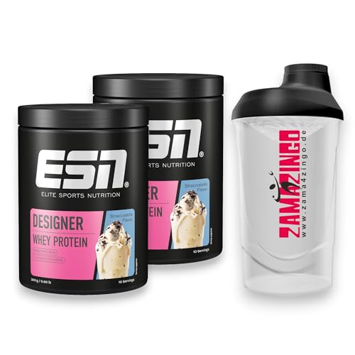 2x ESN Designer Whey Protein Straciatella 300g | Hochwertiges Eiweißpulver und Nahrungsergänzungsmittel für effektiven Muskelaufbau | Gratis Zama4zingo Protein Shaker 600ml