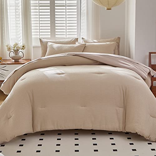 Warmdern Khaki Comforter Set Twin Size Waffle Weave Lightweight Bedding Comforter Sets Soft Microfiber Down Alternative Comforter 5 Pieces Bed In A Bag All Season(Khaki, Twin) #TOP19