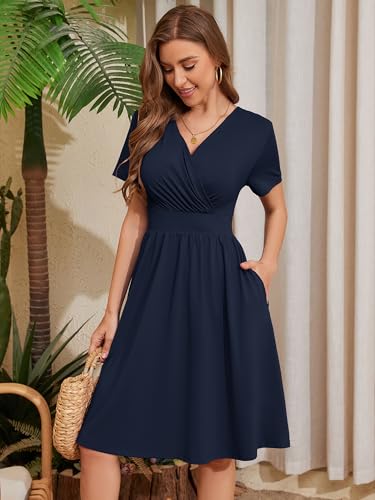 Image of Heymoments Womens Summer Short Sleeve Casual Dresses V-Neck Beach Dress with Pockets S-2XL