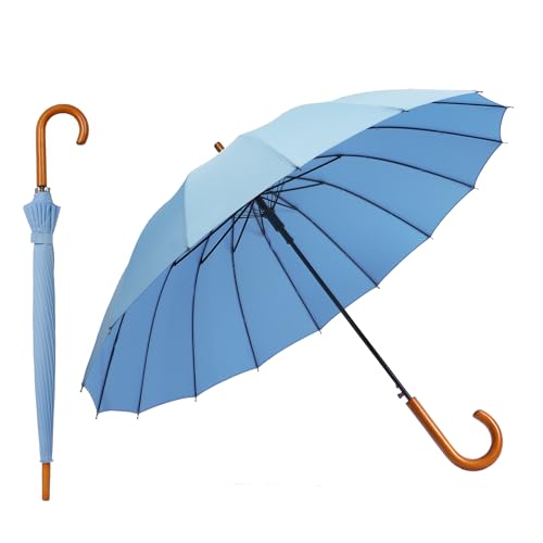 SoulRain 16本骨 48インチ スティック傘 自動オープン 無地 ファッショナブルでシンプル、アーククラシックウッドハンドル、防風、壊れないスティックレイン傘