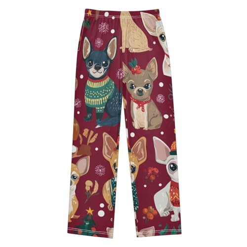 ZZXXB Christmas Chihuahua Snow Print Boys Long Pants Soft Trousers Elastic Waist Kids Lounge Bottoms with Pockets S-XL