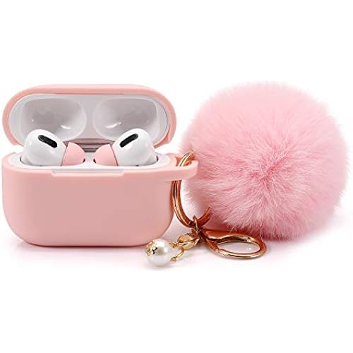 Protective Case Cover for Airpods Pro Charging Case with Ear Tips 1 Pair Kit, Air Pods Silicone Case with Soft Cute Ball Pom Pom Keychain Kit Together with Ear Buds Tips 2&1 (X, Light Pink)