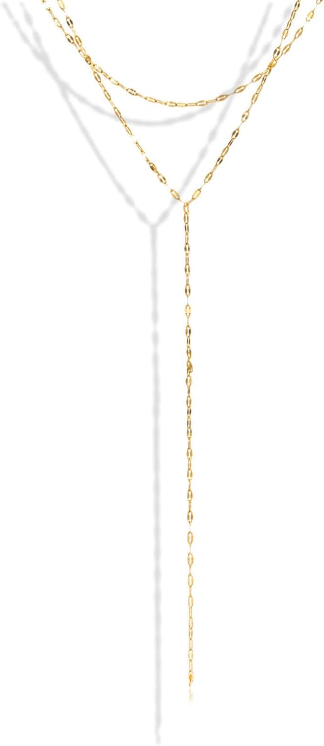 Lariat Necklace for Women Dainty Gold Long Necklace 14k Gold Plated Adjustable Y-Shaped Pendant Necklace Sliding Lariat Chain Minimalist Layered Statement Jewelry