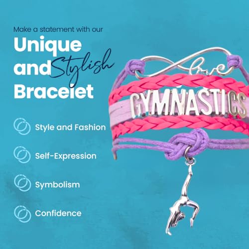 SportyBella Gymnastics Bracelets - Adjustable Charm Bracelet with Infinity Symbol & Silver Gymnastic Charm. Gymnastics Friendship Bracelet Gifts for Gymnasts, Teams & Coaches. (Hot Pink/Purple)