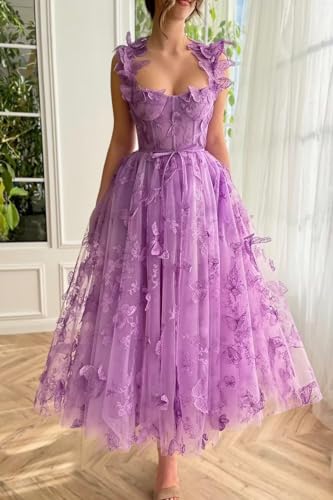 Tulle Prom Dress 3D Butterfly Spaghetti Straps Applique Tea Length Formal Evening Gown2