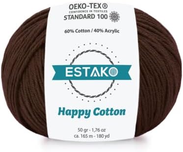 Estako Happy Cotton, 60% Cotton 40% Acrylic Yarn, Soft, Fine/Sport (2) for Crochet and Knitting 1.76 Oz (50g) / 180 Yrds (165m) (4410 - Brown)