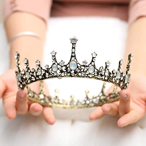 Aukmla 2.5" Opal Antique Vintage Gold Baroque Crown 360 Circle Tiara with Black Accents for Women and Girls (Vintage-4)