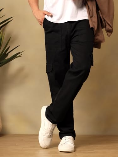 Image of KOTTY Mens Solid|Mid Rise| Utility Pocket|Button|Ankle Length Cargo Jeans