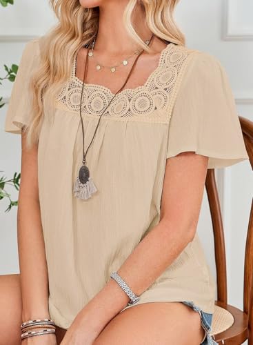 Womens Tops 2025 Boho Blouses Short Sleeve Flowy Square Neck Casual Peasant Summer Floral Lace Hem Textured Shirts2