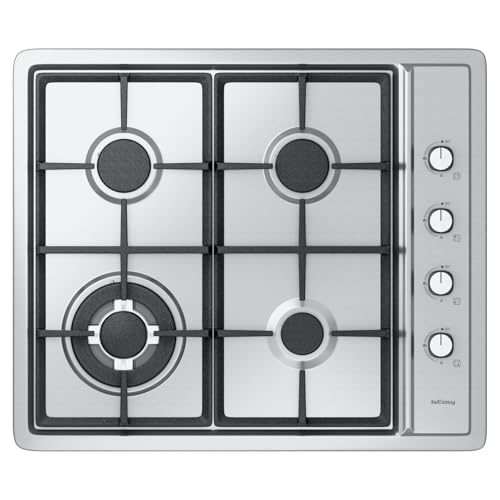 Plaque de Cuisson Gaz 4 Feux Inox, Plaque Gaz 60 cm Encastrable, 7,8 kW, Gaz de Ville et Bouteille, Sécurité Thermocouple, Grille Fonte