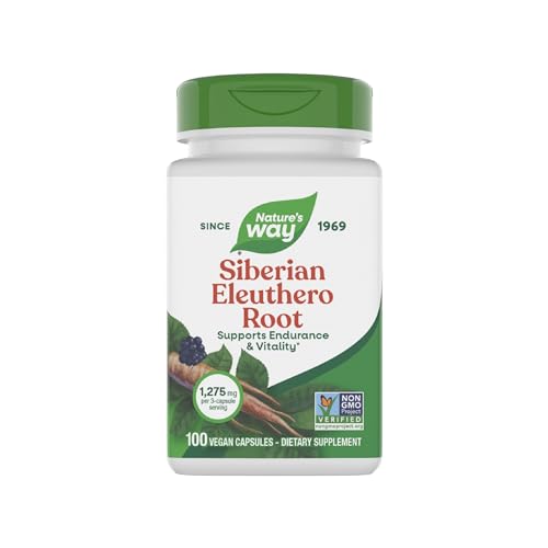 Natures Way Premium Herbal Siberian Eleuthero Root Supplement Supports Endurance & Vitality* Adaptogen* 1 275mg per 3-Capsule Serving Non-GMO Project Verified 100 Capsules (Packaging May Vary)