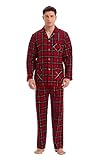 GLOBAL Herren Schlafanzug Flanell | Herren Pyjama Set Lang Baumwolle | Herren Zweiteilige Nachtwäsche Loungewear Schlafanzughose Lang Gummizug und Kordelzug Rot/Schwarz/Weiß, Kariert L