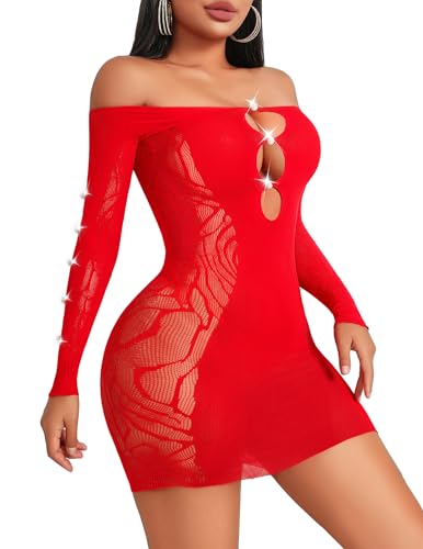 Avidlove Womens Fishnet Lingerie Sexy Bodycon Mini Dress Mesh Cut Out Babydoll Chemise Stripper Outfits Red cover