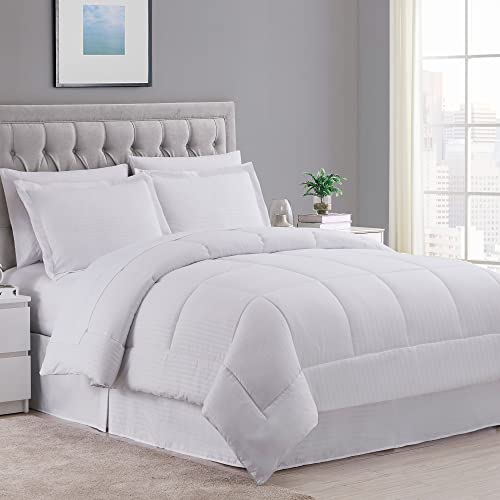 Image of Sweet Home Collection 8 Piece Bed in a Bag with Dobby Stripe Comforter, Sheet Skirt, and Sham Set, Twin, White, 8