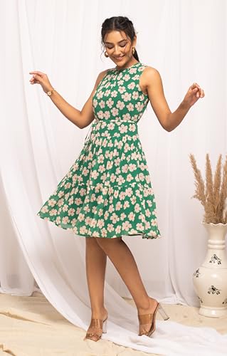 Image of FIORRA Women's Fit And Flare Knee Length Georgette Floral Printed Knee-Length Western Dress Dr0012