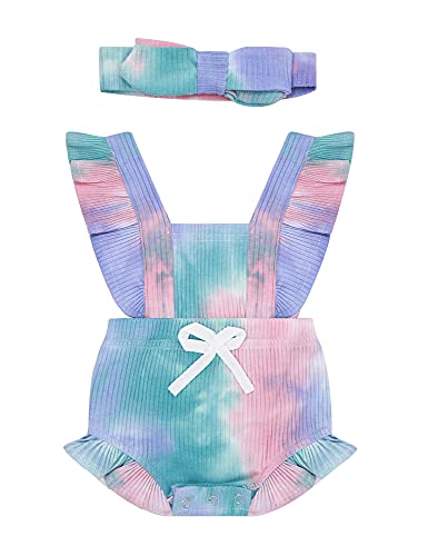 Newborn Baby Girl Romper Tie Dye Bodysuit Toddler Ruffle Sleeveless Jumpsuit Outfit With Headband3