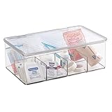 mDesign Plastic First Aid Kit Storage Box for Bathroom, Kitchen, Cabinet, Closet, Drawer - Organizes Medicine, Ointments, Adhesive Bandages, Dental, Diabetic Supplies, 8 Divided Sections - Clear