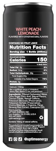 UPTIME Energy – White Peach Lemonade - Cane Sugar (12 Pack), Premium Energy Drink, 12oz Cans, Natural Caffeine, Sparkling, Natural Flavors - Thumbnail 5