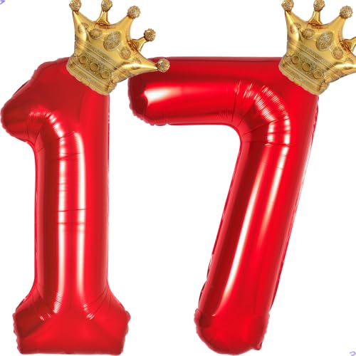 Red 17 Balloon Numbers 40 Inch Giant 17th Birthday Balloons, Helium Mylar Foil Number 17 Balloon for Red and Gold 17th Birthday Party Decorations Supplies for Girls Boys, Crown Balloons
