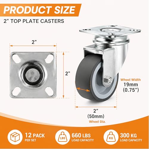 12 Pack 2 Inch Swivel Caster Wheels, Heavy Duty Rubber Plate Casters, Ball Bearings Wheels for Cart Trolley Workbench