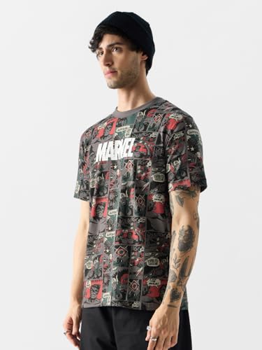 Image of The Souled Store Official Marvel: Comic Nerd Men and Boys Short Sleeves Round Neck Grey All Over Printed Cotton T-Shirts