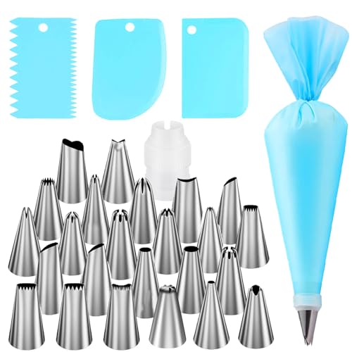 FANTEXY Piping Bags and Tips Set,29 Pieces Cake Decorating Supplies Kits with 24 Icing Tips, 1 Couplers, 1 Reusable Pastry Bag and 3 Scrapers, Piping Bag Tips for Cookie, Cupcake Decorating Kit