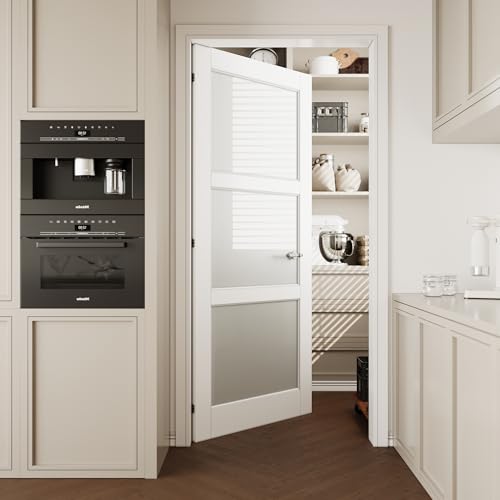 CRUTOP 28''x80'' 3-Panel Frosted Glass Interior Door Slab Shaker, Pre-Built Panel for Barn Doors, Pocket Doors, French Door, for Pantry, Bedroom, Closet, Laundry & Bathroom, White Prefinish&Paintable