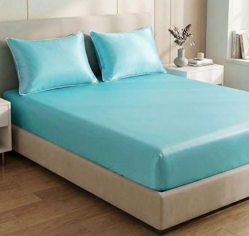 Image of SanMarino Luxury Satin 360 Fitted King Size Bedsheet with 2 Pillow Covers | 300 TC Silky Smooth Satin Bed Sheet | Wrinkle-Resistant Deep Pocket Elasticated Bedsheet | 78 x 72 + 10 Inches (Aqua Blue)
