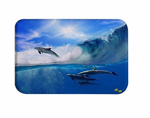 A.Monamour Bleu Océan Mer Thème Nautique Dauphin Surfant sur Les Vagues Ciel Bleu Flanelle Caoutchouc Tapis Tapis De Sol Tapis De Sol pour Salle De Bain Accessoires De Douche 40X60Cm / 16'X24