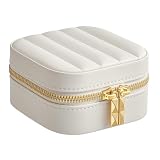 SONGMICS HOME Kolekcja ANAH - Podróżne pudełko na biżuterię, mały schowek na biżuterię z lusterkiem, 10,5 x 10,5 x 6 cm, PU ze szwami, zamek błyskawiczny, pomysł na prezent, chmurna biel JBC179W01