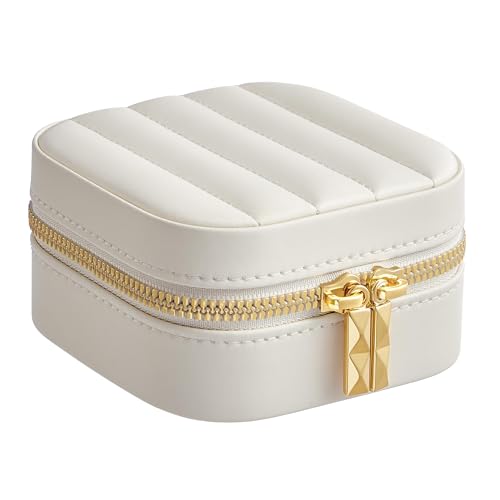 SONGMICS HOME Kolekcja ANAH - Podróżne pudełko na biżuterię, mały schowek na biżuterię z lusterkiem, 10,5 x 10,5 x 6 cm, PU ze szwami, zamek błyskawiczny, pomysł na prezent, chmurna biel JBC179W01