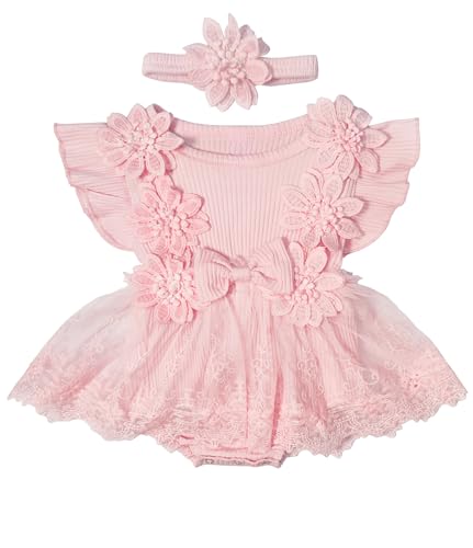 Image of fimaska Newborn Baby Girl Romper Tulle Dress Flowers Bodysuit Infant Girls Dresses Set with Headband